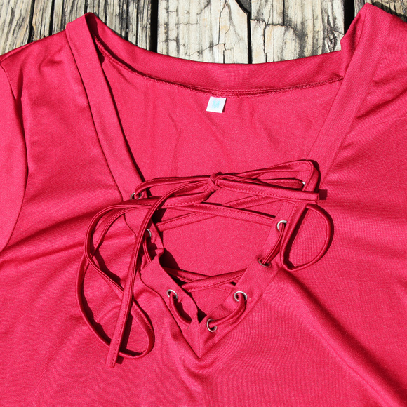 Plunging Lace Up V-Neck Long Sleeve Top, Medium - Picture 4 of 6